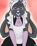  2016 ambiguous_gender anthro blue_eyes blush clothed clothing digital_media_(artwork) domzy hindy-poo lagomorph looking_at_viewer maid_uniform mammal open_mouth rabbit rubber saliva solo uniform 