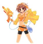  armpits bad_id bad_pixiv_id bike_shorts brown_eyes brown_hair crop_top goggles highres jacket midriff nanase_aoi navel original short_hair skirt smile solo water_gun wristband 