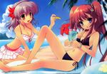  barefoot beach bikini blue_eyes blue_hawaii brown_hair cloud collaboration copyright_request day drink flower frilled_bikini frills front-tie_top hair_bobbles hair_ornament hibiscus highres itou_noiji multiple_girls nanao_naru outdoors purple_hair red_eyes side-tie_bikini skirt sky swimsuit tropical_drink twintails 