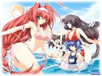  ^_^ animal_print arms_up ass ball beachball bikini black_hair blue_eyes blue_hair braid breast_rest breasts character_request closed_eyes copyright_request cow_print day hair_intakes happy innertube large_breasts long_hair mitsuki_mantarou multiple_girls one_eye_closed red_eyes red_hair short_hair side-tie_bikini submerged swimsuit untied untied_bikini very_long_hair 