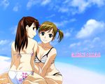  :p aqua_eyes ass back barefoot beach bikini breasts brown_eyes brown_hair cleavage cloud day dimples_of_venus from_behind grin hair_bobbles hair_ornament joshi_kousei kishimoto_seiji long_hair medium_breasts multiple_girls outdoors short_hair short_twintails sitting sky smile striped striped_bikini striped_swimsuit suzuki_yuma swimsuit takahashi_eriko tongue tongue_out twintails wallpaper wariza 