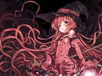  bare_shoulders blush choker cierra_(riviera) dress elbow_gloves flat_chest focke_wulf gloves glowing hat long_hair magic pink_eyes red_eyes red_hair riviera solo staff very_long_hair wallpaper witch witch_hat 