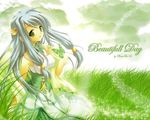  ariko_youichi blue_hair bug butterfly cloud dress grass hair_ornament happy insect long_hair majokko_a_la_mode_2 mireille_brilliant outdoors solo wallpaper 