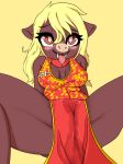  &lt;3 chinese_clothing chinese_dress clothed clothing dress female mammal pig porcine pussy_juice ricky945 simple_background solo yellow_background 
