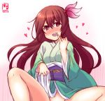  1girl alternate_costume aqua_kimono artist_logo blush breasts brown_hair cowboy_shot dated eyebrows_visible_through_hair finger_to_mouth gradient gradient_background hair_ornament heart heart-shaped_pupils highres japanese_clothes kanon_(kurogane_knights) kantai_collection kimono kisaragi_(kantai_collection) lifted_by_self long_hair long_sleeves looking_at_viewer no_panties obi open_mouth pink_background purple_eyes sash signature small_breasts smile solo spread_legs symbol-shaped_pupils wide_sleeves 