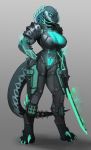  2019 anthro armor big_breasts breasts claws cleavage clothed clothing densantra_(deathhydra) female full-length_portrait full_portrait glowing green_eyes hi_res long_tail looking_at_viewer melee_weapon midriff navel pgm300 portrait reptile scalie schewiener simple_background snake solo spikes standing sword tight_clothing weapon 