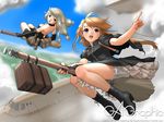 aircraft airplane bare_shoulders bloomers blue_eyes boots broom broom_riding brown_eyes brown_hair cloud day dress flying gagraphic long_hair luggage multiple_girls non-web_source pointy_ears riding sano_toshihide sidesaddle sky suitcase underwear wallpaper white_hair 