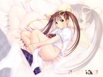  bed bed_sheet bottomless brown_eyes brown_hair copyright_request hair_ribbon leg_hold long_hair looking_at_viewer lying on_side panties panty_pull plaid plaid_skirt ribbon school_uniform serafuku skirt skirt_removed solo tanaka_takayuki twintails underwear wallpaper white_panties yellow_ribbon zoom_layer 