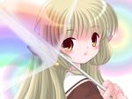  :d artist_request blonde_hair chii chobits face hair_tubes long_hair looking_at_viewer looking_back open_mouth rainbow robot_ears school_uniform see-through serafuku smile solo transparent transparent_umbrella umbrella wallpaper yellow_eyes 