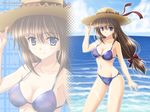  artist_request beach bikini blue_eyes brown_hair copyright_request day hat long_hair ocean outdoors solo straw_hat sun_hat swimsuit wallpaper 