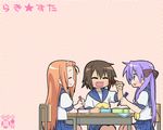  chopsticks desk fang food hiiragi_kagami kusakabe_misao left-handed lucky_star lunch meatball minegishi_ayano multiple_girls nagian purple_hair ryouou_school_uniform school_uniform serafuku 