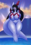  absurd_res anthro big_breasts bottomless breasts clothed clothing female fur genitals hi_res huge_breasts luchodraws nintendo pok&eacute;mon pok&eacute;mon_(species) pussy red_body red_fur solo thick_thighs video_games white_body white_fur zangoose 