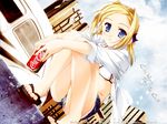  akino_takehiko bettou_izumi-shizuka_scarlett bikini_top blonde_hair blue_eyes coca-cola cutoffs day denim denim_shorts drink sandals scarlett short_shorts shorts sky soda solo 