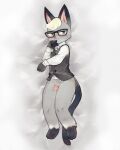  2020 absurd_res animal_crossing anthro black_clothing black_topwear bodily_fluids clothing dakimakura_design domestic_cat eyewear felid feline felis fur genital_fluids genitals glasses green_eyes grey_body grey_fur hair heterochromia hi_res kemono kiyosan looking_at_viewer male mammal nintendo penis precum raymond_(animal_crossing) smile smiling_at_viewer solo topwear video_games white_clothing white_topwear yellow_eyes 