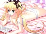  artist_request bed book bow bra butt_crack heterochromia highres hoshiful hoshikawa_ruka lingerie lying panties reading solo strap_slip striped thighhighs twintails underwear underwear_only 