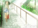  bag dappled_sunlight gagraphic green_hair koyama_hirokazu legs railing skirt solo stairs sunlight tree_shade twintails wallpaper 