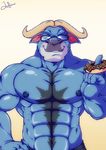  2016 abs anthro biceps big_muscles black_fur blue_fur blue_nipples bovine buffalo chief_bogo clothed clothing digital_media_(artwork) disney doughnut eyewear food food_play front_view funeral-paws fur glasses half-length_portrait hi_res horn looking_at_viewer male mammal multicolored_fur muscular muscular_male nipples pecs portrait shiny signature simple_background smile solo suggestive suggestive_food topless two_tone_fur white_background zootopia 