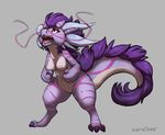  2016 anthro breasts chibi claws conditional_dnp dragon eastern_dragon female hair hindpaw horn mane navel nipples nude open_mouth paws pink_eyes purple_hair purple_scales scales scalie sefeiren semi-anthro solo standing stripes thick_tail tongue whiskers wide_hips 
