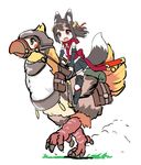  animal_ears bag bare_shoulders bell bell_collar bird black_hair black_legwear chocobo collar detached_sleeves eyebrows eyebrows_visible_through_hair fatkewell flower fox_ears fox_tail hair_flower hair_ornament japanese_clothes jingle_bell knee_pads leg_warmers obi open_mouth original purple_eyes reins riding saddle sash sheath sheathed skirt solo sword tail thighhighs weapon white_background 