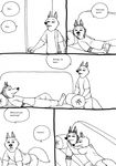  anthro bernielover canine clothing comic cuddling disney english_text fangmeyer fur hi_res male mammal monochrome simple_background smile speech_bubble text white_background wolf wolford zootopia 