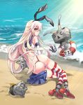  &gt;_&lt; :&lt; :t anchor anchor_hair_ornament ass back bare_shoulders beach black_panties blonde_hair blush broken buttons closed_eyes crop_top elbow_gloves gloves grey_eyes hair_ornament hairband highleg highleg_panties highres himerinco kantai_collection lifebuoy light_rays long_hair looking_at_viewer looking_back lying miniskirt ocean on_stomach open_mouth panties rensouhou-chan sailor_collar sand school_uniform serafuku shimakaze_(kantai_collection) shirt sitting skirt skirt_removed sleeveless sparkle striped striped_legwear sunlight thighhighs torn_clothes torn_legwear torn_panties torn_shirt triangle_mouth turret underwear wavy_mouth white_gloves 