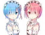  :o blue_eyes blue_hair breasts detached_sleeves expressionless eyebrows eyebrows_visible_through_hair hair_ornament hair_over_one_eye hairband looking_at_viewer maid maid_headdress multiple_girls open_mouth pink_eyes pink_hair piripun ram_(re:zero) re:zero_kara_hajimeru_isekai_seikatsu red_eyes red_ribbon rem_(re:zero) ribbon short_hair siblings simple_background sisters small_breasts twins white_background x_hair_ornament 