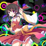  armpits ascot bangs blush bow brown_hair detached_sleeves frilled_skirt frills hair_bow hair_tubes hakurei_reimu long_hair midriff multicolored multicolored_background open_mouth purple_eyes sidelocks skirt skirt_set socks solo touhou utsurogi_akira wide_sleeves 