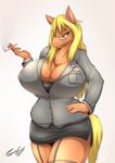  2016 anthro big_breasts blonde_hair breasts brown_fur cigarette clothed clothing english_text equine eyewear female french fur glasses green_eyes hair hand_on_hip hi_res horse huge_breasts long_hair mammal nipple_bulge pink_background shirt signature simple_background skirt solo tailzkim text wide_hips yellow_fur 