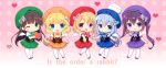  5girls :d ;) angora_rabbit animal bangs beret blonde_hair blue_bow blue_eyes blue_footwear blue_hair blue_hat blue_skirt blue_vest blush bow brown_footwear brown_hair brown_vest bunny chestnut_mouth chibi commentary_request copyright_name eyebrows_visible_through_hair gochuumon_wa_usagi_desu_ka? green_bow green_eyes green_footwear green_hat green_skirt green_vest hair_between_eyes hair_bow hat heart holding holding_heart hoto_cocoa kafuu_chino kirima_sharo light_brown_hair matching_outfit mini_wings multiple_girls on_head one_eye_closed open_mouth orange_bow orange_hat orange_skirt pantyhose parted_lips pleated_skirt puffy_short_sleeves puffy_sleeves purple_bow purple_eyes purple_footwear purple_hair purple_hat purple_skirt purple_vest red_bow red_footwear red_hat red_skirt santa_matsuri shirt short_sleeves skirt smile striped striped_bow tedeza_rize tippy_(gochiusa) twintails ujimatsu_chiya vest white_bow white_legwear white_shirt white_wings wings wrist_cuffs 