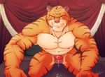  2016 all_fours anthro biceps black_nose blush brown_fur digital_media_(artwork) dripping erection feline funeral-paws fur inner_ear_fluff looking_at_viewer male mammal multicolored_fur muscular muscular_male nipples nude orange_fur pecs penis precum seductive signature smile solo stripes tiger whiskers white_fur 
