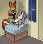  2016 anthro apartment baby birth breasts buckteeth canine clitoris disney duo female fox fuzzywuff green_eyes hi_res inner_ear_fluff inside judy_hopps lagomorph male mammal necktie newborn nick_wilde nipples open_mouth pregnant purple_eyes pussy rabbit romantic_couple simple_background sitting smile spread_legs spreading standing teeth young zootopia 