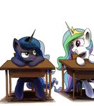  2014 anticularpony blue_eyes blue_fur blue_hair crown desk duo equine eye_contact female feral friendship_is_magic frown fur hair hi_res horn mammal multicolored_hair my_little_pony princess_celestia_(mlp) princess_luna_(mlp) simple_background smile white_background white_fur winged_unicorn wings young 