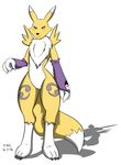  2016 3_fingers 3_toes anthro black_sclera blue_eyes claws digimon dipstick_tail featureless_crotch female flat_chested hi_res markings multicolored_tail neck_tuft nude renamon sailoranna simple_background smile socks_(marking) solo toe_claws toes tuft wide_hips 