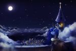  2014 absurd_res anticularpony blue_eyes blue_fur blue_hair canterlot city clothed clothing cloud crown equine female feral friendship_is_magic fur hair hi_res horn huge_filesize landscape mammal mist moon mountain my_little_pony night outside princess_luna_(mlp) sky smile solo star tower winged_unicorn wings 