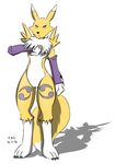  2016 3_fingers 3_toes anthro black_sclera blue_eyes breasts claws digimon dipstick_tail female frown hi_res looking_at_viewer markings multicolored_tail neck_tuft nipples nude pussy renamon sailoranna simple_background socks_(marking) solo toe_claws toes tuft white_background 