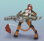  2016 anthro athletic breasts cannon clothed clothing digital_media_(artwork) digitigrade ear_piercing eye_patch eyewear female fur futuristic gradient_background gun hair holding_object holding_weapon horn mammal orange_fur piercing purple_eyes ranged_weapon red_hair rute simple_background skimpy smile solo standing tokaido underwear unknown_species weapon 