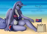  2016 anthro australian_flag beach bikini blue_eyes breasts clothing cutie_mark dekomaru equine fan_character female horn mammal mariah_wolves my_little_pony sand_castle sculpture seaside sitting smile solo swimsuit winged_unicorn wings 