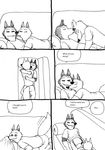  anthro bernielover canine clothing comic cuddling disney english_text fangmeyer fur hi_res hug licking male mammal monochrome simple_background smile speech_bubble text tongue tongue_out white_background wolf wolford zootopia 