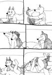  anthro balls bernielover canine clothing comic cuddling disney english_text erection eyes_closed fangmeyer fur hi_res licking male male/male mammal monochrome nude nuzzling penis sex simple_background smile speech_bubble text tongue tongue_out white_background wolf wolford zootopia 