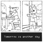  aged_down alcohol alternate_universe amputee anthro beverage bottle canine clothed clothing comic cross crying duo english_text eye_patch eyewear facing_away fan_character female five_nights_at_freddy&#039;s food fox foxy_(fnaf) frown furrification gud_fox house inside male mammal monochrome sad tears text torn_clothing video_games young 