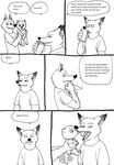  anthro bernielover beverage canine clothing comic disney drinking english_text fangmeyer female food fox fur hi_res licking looking_at_viewer male mammal monochrome nick_wilde open_mouth simple_background smile speech_bubble teeth text tongue tongue_out white_background wolf young zootopia 