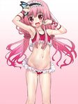  :d bikini butterfly_hair_ornament cowboy_shot flower_knight_girl frilled_bikini frills gradient gradient_background groin hair_ornament hairband hanamomo_(flower_knight_girl) long_hair looking_at_viewer open_mouth pink_background pink_hair red_bikini red_eyes sasayuki smile solo swimsuit twintails white_background 