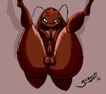  2016 antennae anthro anus arthropod balls big_butt black_eyes brown_body butt cockroach english_text girokett humanoid_penis insect legs_up lying male nude on_back penis purple_background shadow signature simple_background smile solo text 