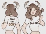  1girl breasts brown_eyes brown_hair collar cow_girl dimples_of_venus english eyebrows_visible_through_hair from_behind grey_background hand_up highres horns looking_at_viewer meme multiple_views open_mouth original shirt short_sleeves simple_background smile solo splashbrush twintails white_shirt 