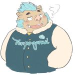  2018 anthro blush boar clothing dysk3 english_text gouryou male mammal mohawk overweight overweight_male porcine simple_background solo sweater text tokyo_afterschool_summoners tusks white_background 