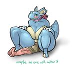  anatomically_correct anatomically_correct_penis anthro balls big_breasts blue_skin blush breasts dickgirl english_text intersex nidoqueen nintendo nude penis pok&eacute;mon simple_background slightly_chubby solo spread_legs spreading text upright-infinity video_games white_background 