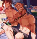  abs bad_id bad_tumblr_id beach_umbrella biting collarbone eating food food_in_mouth fork highres jean_pierre_polnareff jojo_no_kimyou_na_bouken kakyouin_noriaki kebab male_focus male_swimwear multiple_boys muscle plate red_hair shirtless silver_hair sitting sunny_ameliya sweat swim_trunks swimwear umbrella 