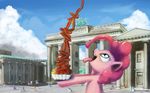  2014 absurd_res anticularpony blue_eyes building city cloud earth_pony equine female feral friendship_is_magic fur hair hi_res horse huge_filesize mammal my_little_pony open_mouth pink_fur pink_hair pinkie_pie_(mlp) pony sausage sculpture sky solo_focus statue tongue tongue_out 