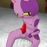  animal_crossing anthro balls bed blush bob_(animal_crossing) cat cute erection feline male mammal nintendo on_bed open_mouth penis sitting solo tapering_penis uhe uncensored video_games 