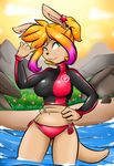  2016 anthro beach becky_free bikini bikini_bottom black_nose blonde_hair breasts brown_fur clothed clothing duckdraw ear_piercing female fur furgonomics furry-specific_piercing gesture green_eyes hair highlights kangaroo looking_at_viewer mammal marsupial partially_submerged piercing ponytail pose pouch pouch_piercing purple_highlights seaside shaka smile solo swimsuit water wetsuit 